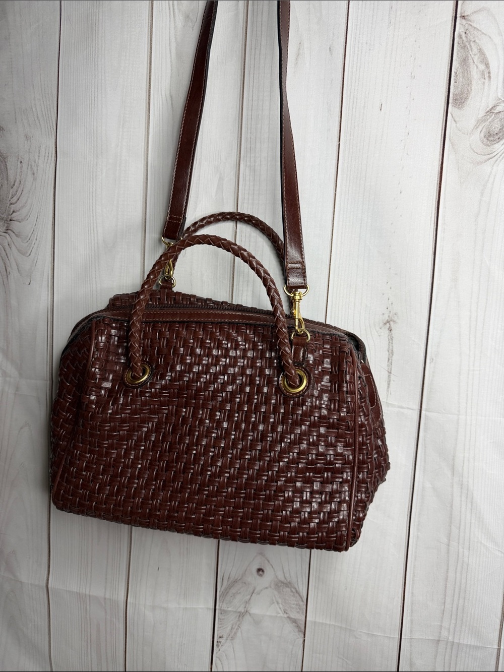 Marlo Woven Satchel Bag in Dark Brown